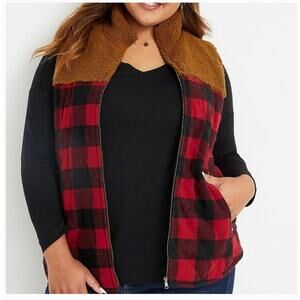 Maurices Buffalo Plaid Sherpa Block Vest Womens XXL Black Red Cabin Cozy Casual